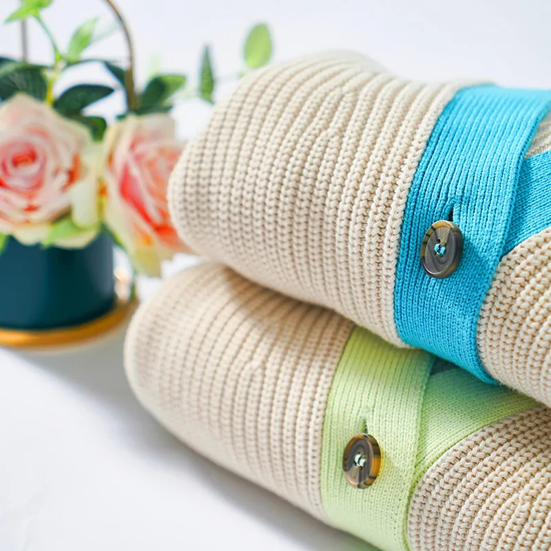 

Women Color Matching Sweater V-neck Long Sleeve Loose Single Breasted Coat Lady Cardigan Autumn Winter