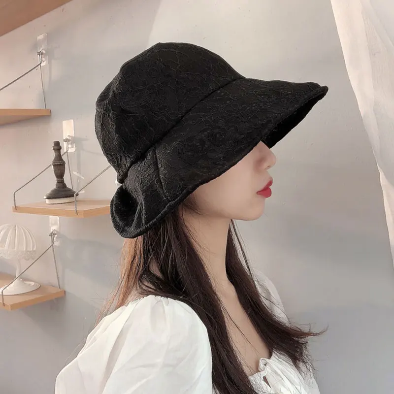 Lace Black White Cute Hats For Women Summer Floral Beach Cap Holiday Sun Visor Wide Brim Floppy Hat Girl Lolita Hat Straw Hats