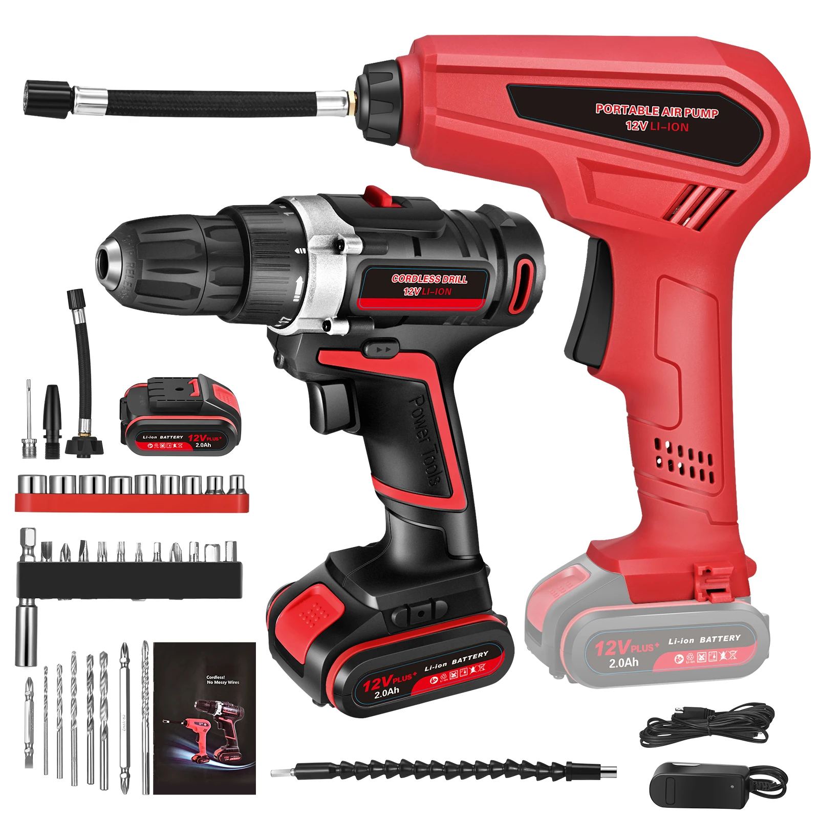 

12V Cordless Hand Electric Drill Electric Screw Driver With Tire Inflator Pump Multifunctional Household Lithium Electric Drill