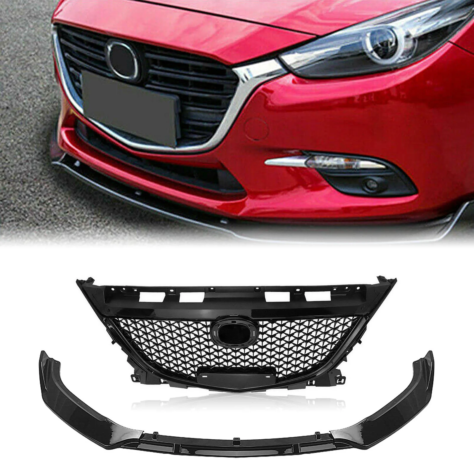

For Mazda 3 Axela 2014-2016 Front Grille Honeycomb Style Racing Grills+Car Lower Bumper Spoiler Splitter Guard Plate Blade Lip