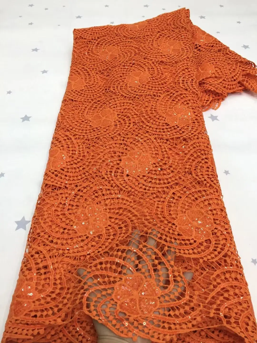 

Latest African Cord Lace Fabrics orange Guipure Lace Fabric 2021 High Quality Cotton Lace Fabric sequins For Women Party Dress