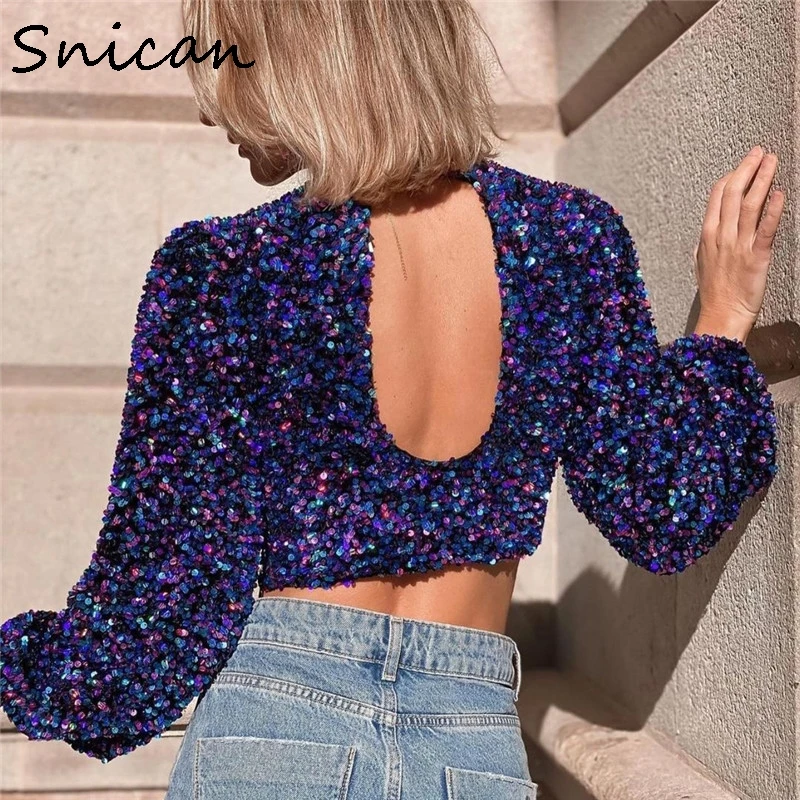 

Snican Spring Long Sleeve Sexy Backless Sequined Short Blouse Fashion Cropped Chemisier Femme Za 2021 Women Tops Haut Tunique