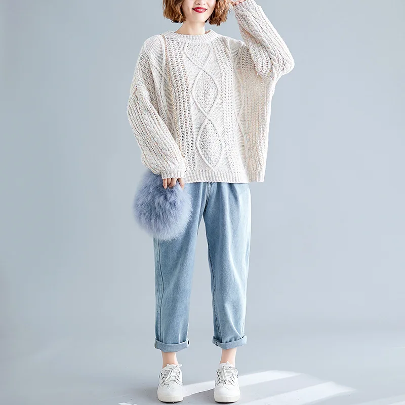 

Women's Pullover Knitted O-neck Pullover Thick Top Knitted Outwear Loose Lazy Style Flower Literary Plus Size Sweater Female