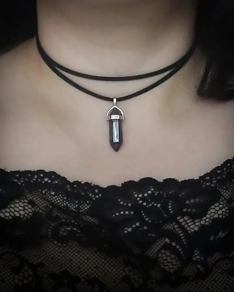 Double choker with Hexagonal column crystal pendant, crystal double wrap choker, wrap choker, black chain with crystal pendant