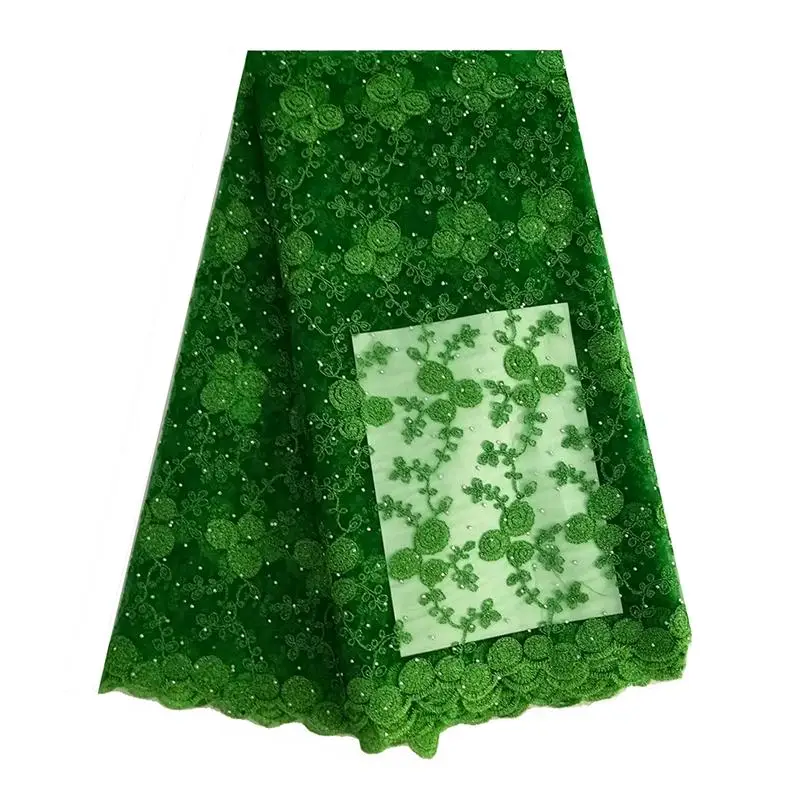 Цветочная зеленая кружевная ткань 5 ярдов/партия Тюль Чистая кружевная Французская ткань с камнями вышивка африканская кружевная ткань для aso ebi платье