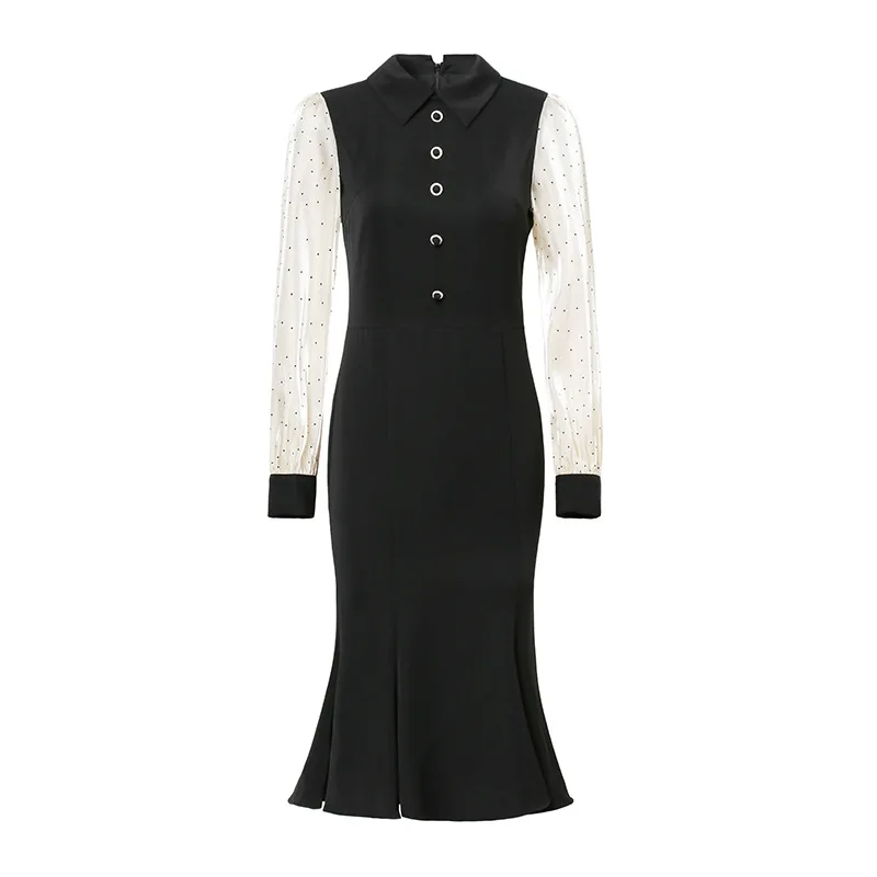 

2021 early spring new dress fashion foreign style stitching suit collar wave point long sleeve stitching show thin black skirt