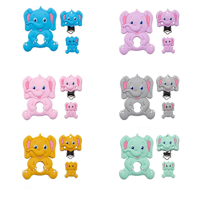 

Baby Silicone Teether Smiley Elephant Set BPA Free Kids Chews Food Grade Silicone Teethers Pacifier Clip with Teether Beads Sets