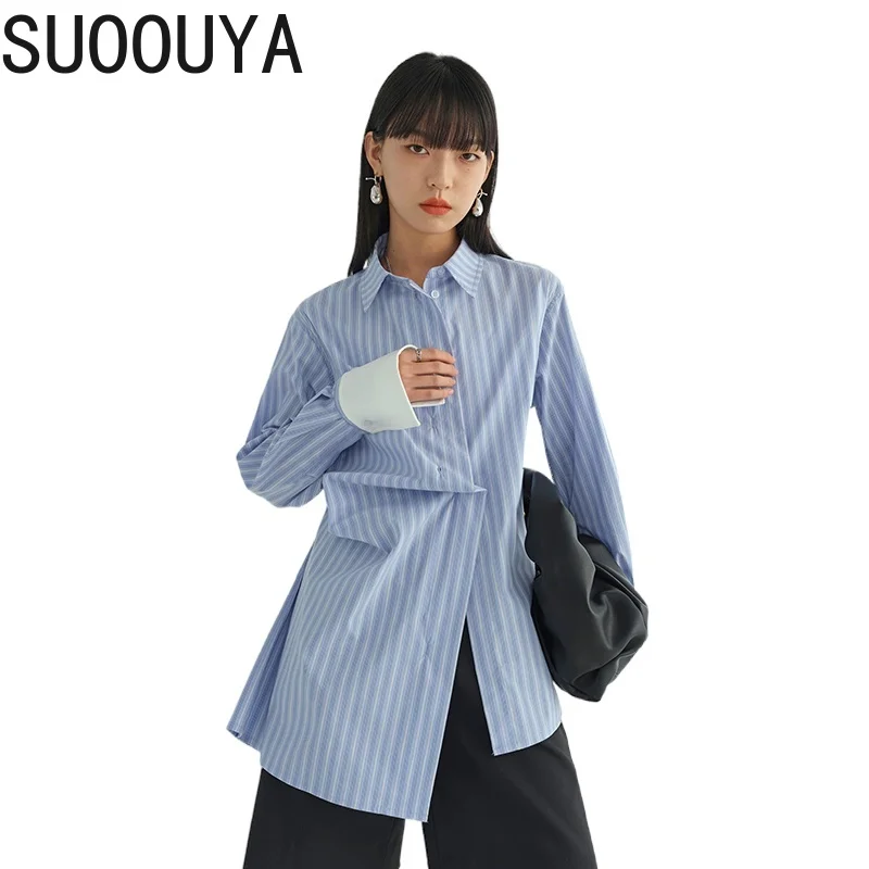 

[SUOOUYA] Women Long Sleeve Loose Irregular Striped Pleated Big Size Blouse New Lapel Shirt Fashion Tide Spring Autumn Tops 2021
