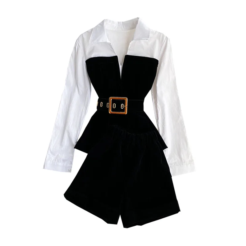

Kimutomo Two Piece Set Women Fake Two Piece Patchwork New Ladies High Waist Turn-down Collar Blouse and Black Short Pants