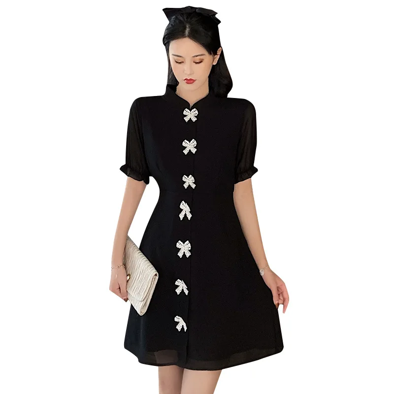 

Chinese Style Casual Dress mandarin collar Womens Party cheongsam Short Sleeve Loose Mini Dress Mandarin collar Plus Size L-4XL