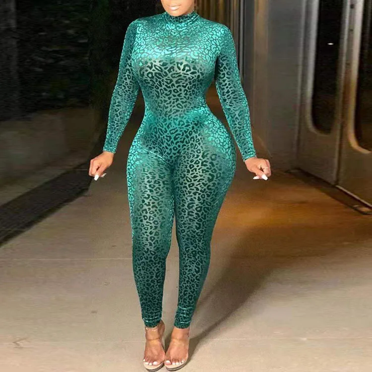 

Women Jumpsuit Bodycon Long Sleeves Leopard Sheath Slim Large Size Lady Package Hip Autumn Winter Fashion Casual African Rompers