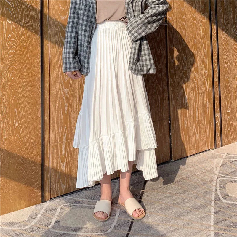

Students School Irregular Pleated Skirt for Women Summer Black White Harajuku Chic Sweet Skirts Female High Waist Long Skirts