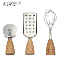 hot metal kitchenware utensils wooden smile handle set pizza cuttervegetable slicerwhisk mixer household tool for cake cookies
