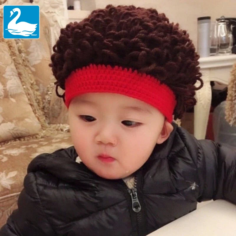 

Fashion Hip Hop Kids Hats Boys Girls Curly Hair Wig Cap Warm Winter Beanie Hat Hand Crochet Woolen Yarn Children Hats and Caps