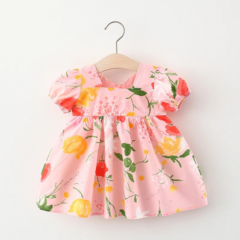 

Платье для девочек с цветочным узором; Детская одежда с низким вырезом на спине, с короткими рукавами, платье для малышей, хлопковое платье п...