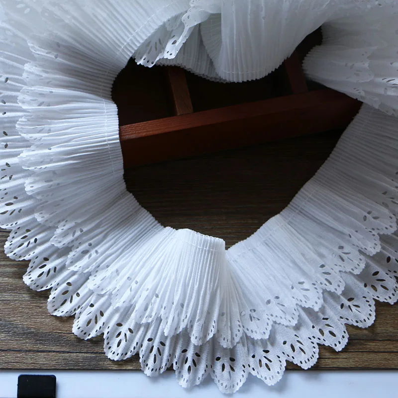 2 YARD DIY 8 cm wide double layer white pleated laser cut out collar cuffs and hem lace accessories | Дом и сад