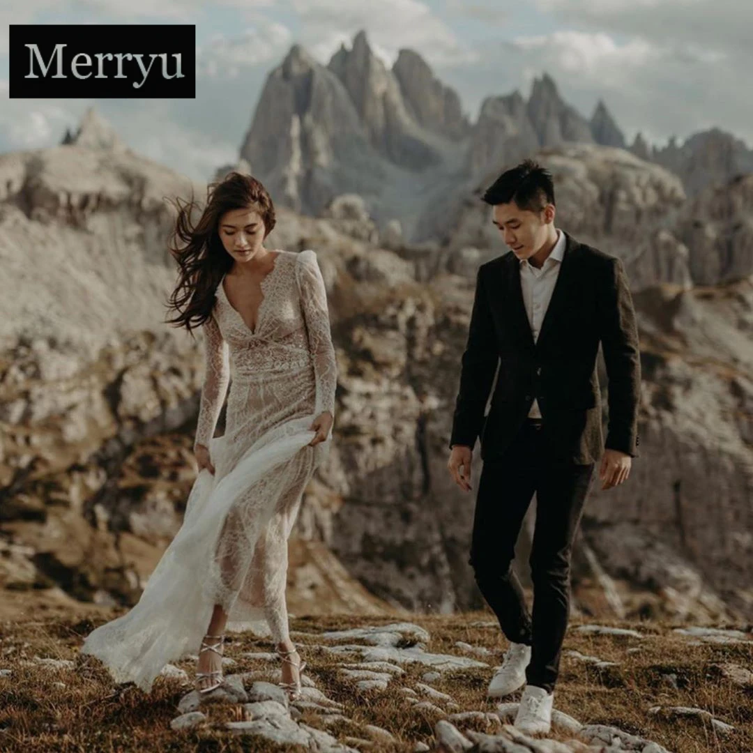 Богемное винтажное кружевное свадебное платье с длинными рукавами 2020 v образным