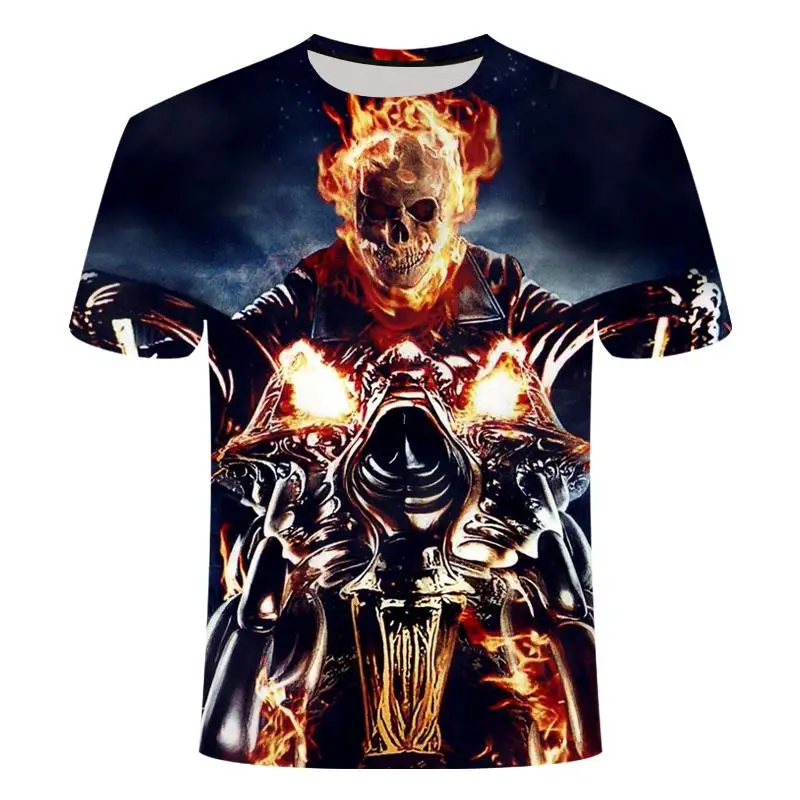 

Skull T-shirt men's black T-shirt flame motorcycle punk 3d printed T-shirt hip-hop men's casual punk street clothing top