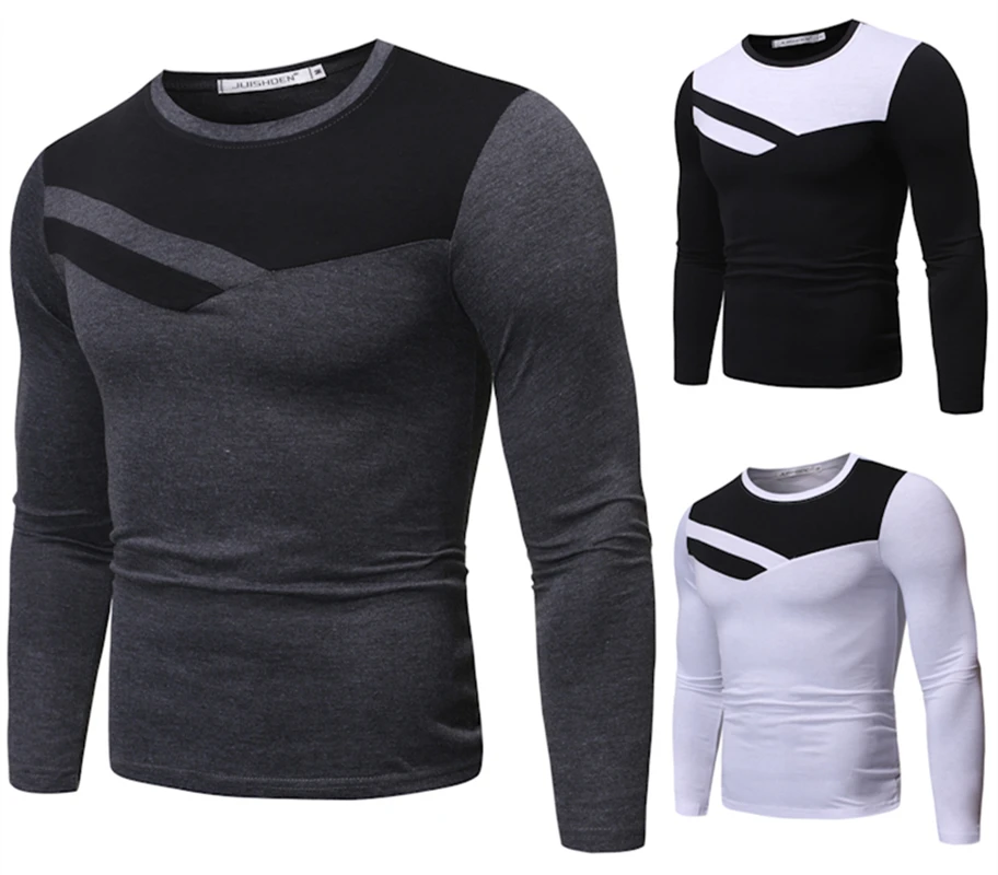 Осенняя и зимняя новая мужская футболка с круглым вырезом контрастного цвета в
