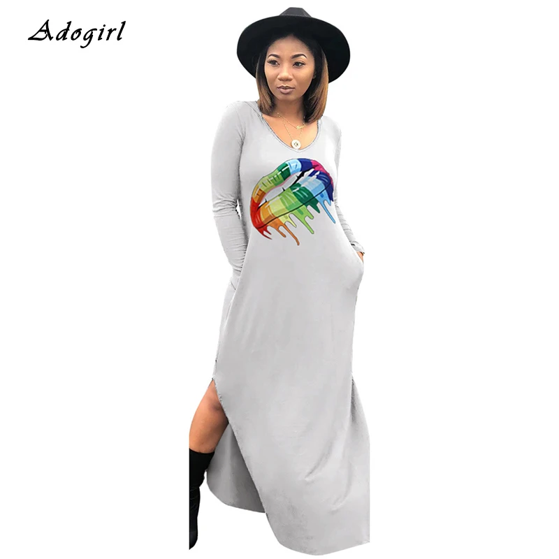 Осеннее длинное платье с принтом радужных губ женское Повседневное длинным