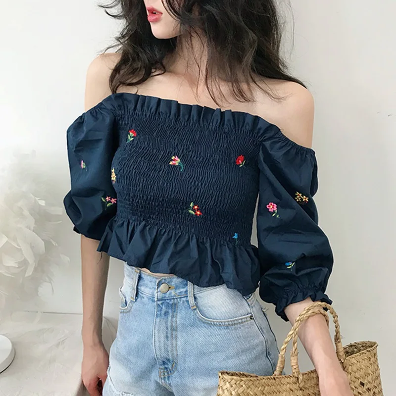 

Retro Embroidery Floral Blouse Women Slash Neck Short Sleeve Blouses Female Navel Exposed Shirt Tops