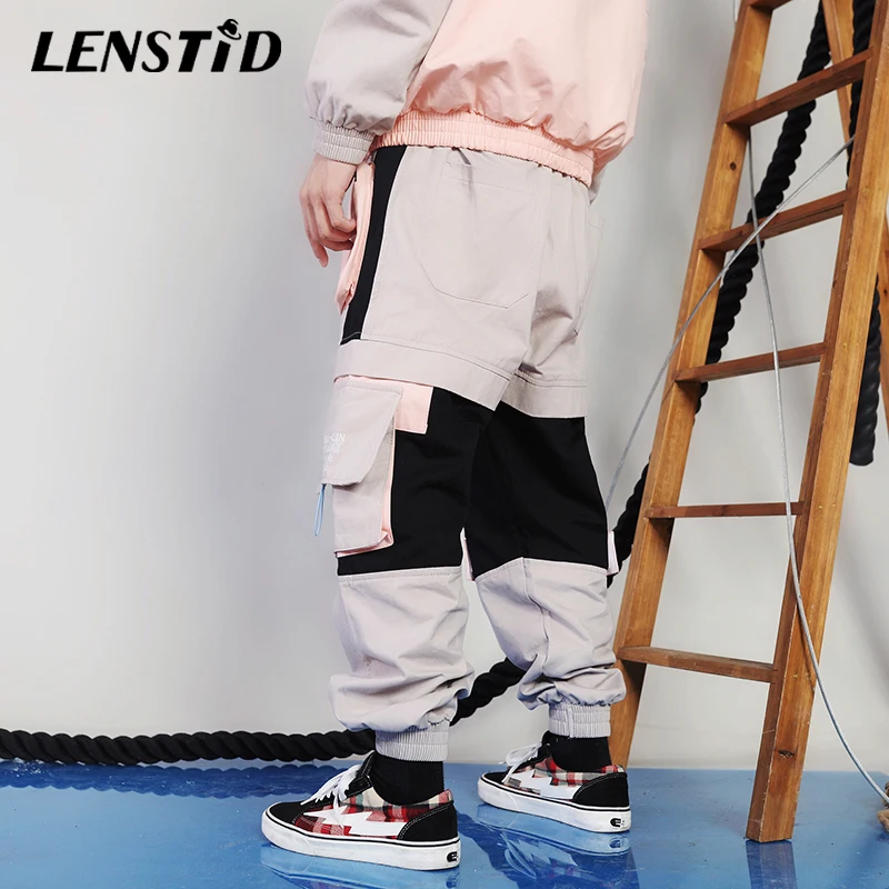 LENSTID хип карго Брюки на молнии Карманы Уличная Harajuku трико для мужчин цветной блок