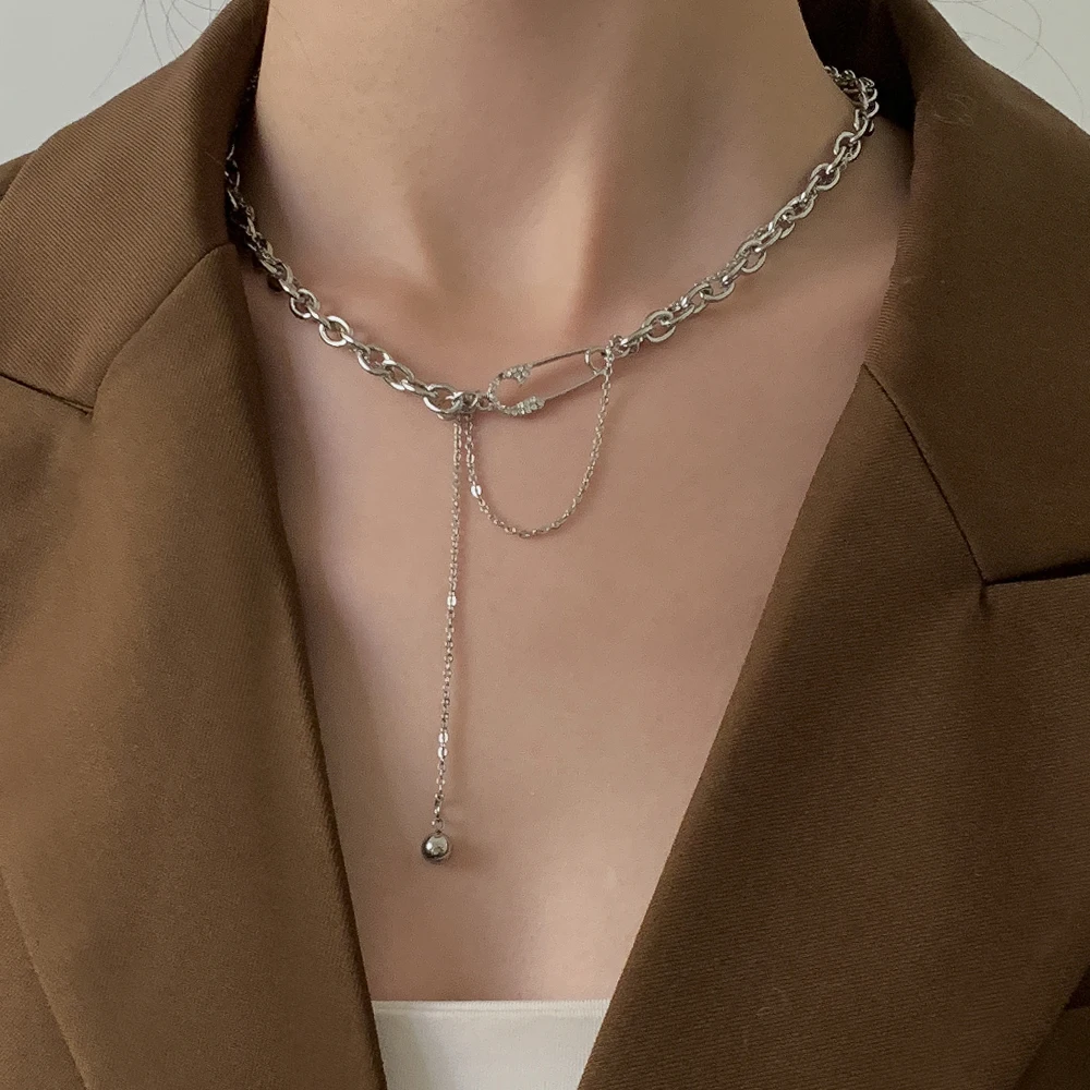 

Ingemark Luxury Crystal Long Ball Tassel Paperclip Choker for Women Colar Titanium Steel Chain Female Necklace Grunge Jewelry