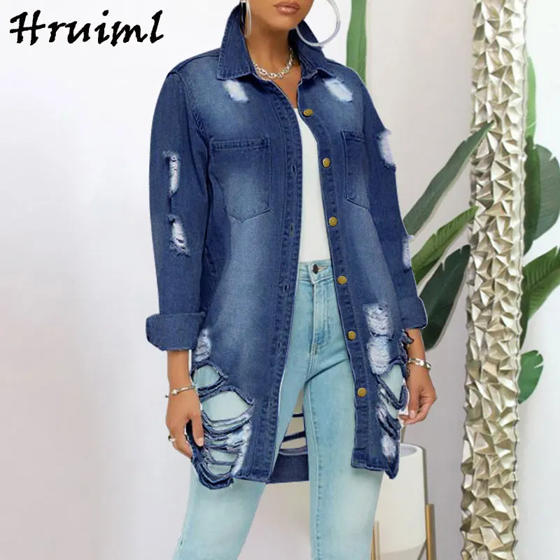 

Denim Jacket Wholesale Women Long Sleeve Turn-down Collar Single Button Design Hole Tassel Jacket Streetwear Jean Coat 2022