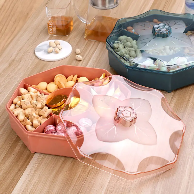 

Creative Divided Candy Box With Lid, Living Room Office Transparent Snack Tray Fruit Tray New Year Festive Plastic Dried Fruit
