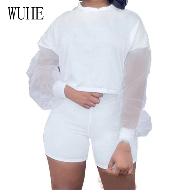 

YEYA See Through Patchwork Mesh Two Piece Long Sleeve O Neck+package Hip Skinny Pencil Short Pants Nightclub Streetwear Outfits