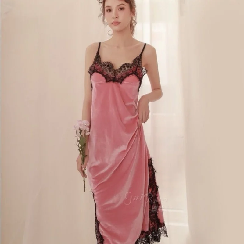QWEEK Velvet Nightdress Women Sexy Sleepwear Autumn Nightwear Lace Long Dress Nightie Elegant Nightgown Female Robes Vestidos