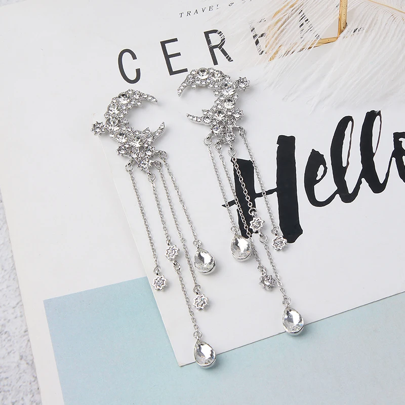 Женские Висячие серьги с Луной и длинными кристаллами элегантные блестящие в