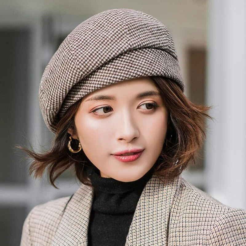 

Women Beret Elegant Plaid Beret Winter Female Cotton Wool Hats Cap Casual Autumn Women's Painter Outdoor Hat