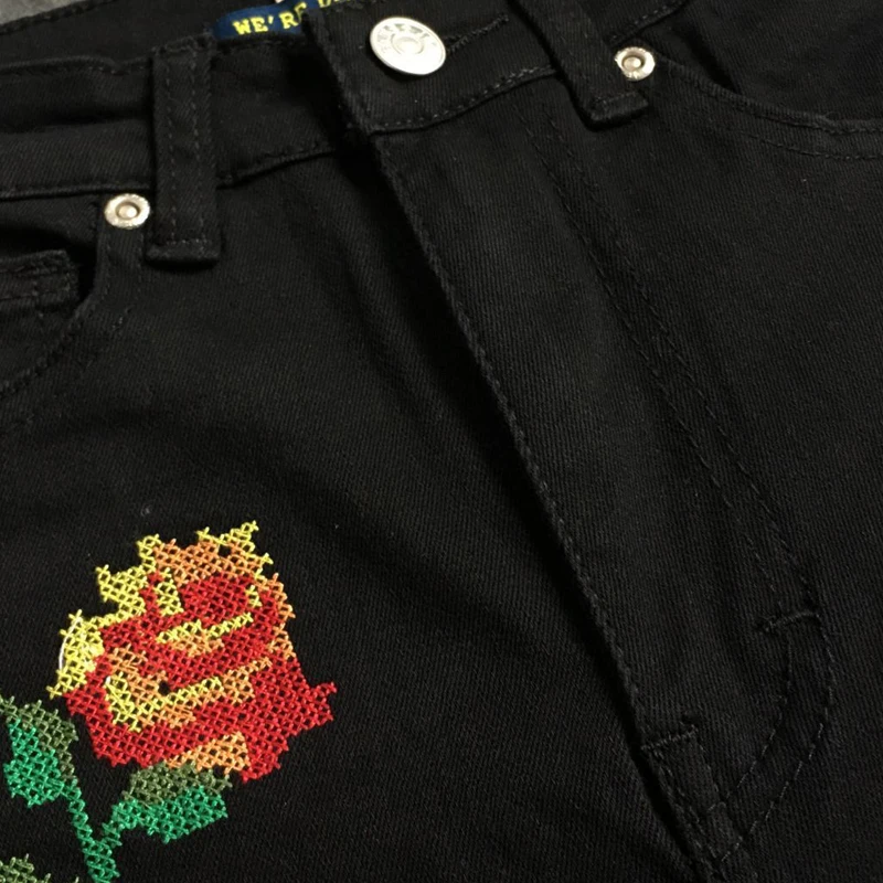 Женские Эластичные Обтягивающие джинсы с высокой талией и вышитыми розами