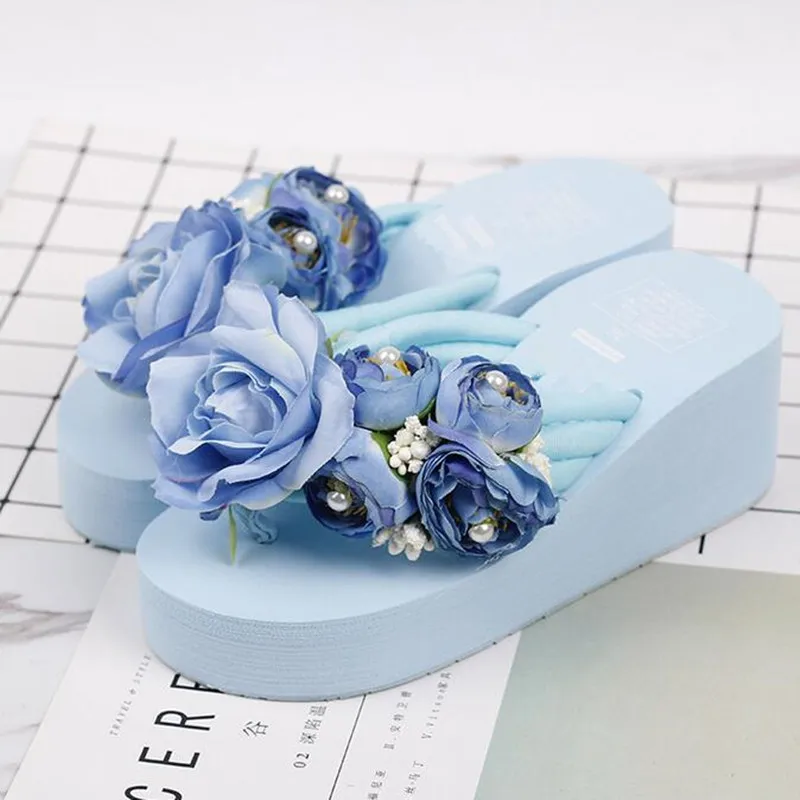light blue Самая популярная модель года; Новинка; Вьетнамки ручной работы с цветами и жемчугом; Летняя женская обувь; сандалии; обувь на танкетке; женские сандалии - Цвет: light blue
