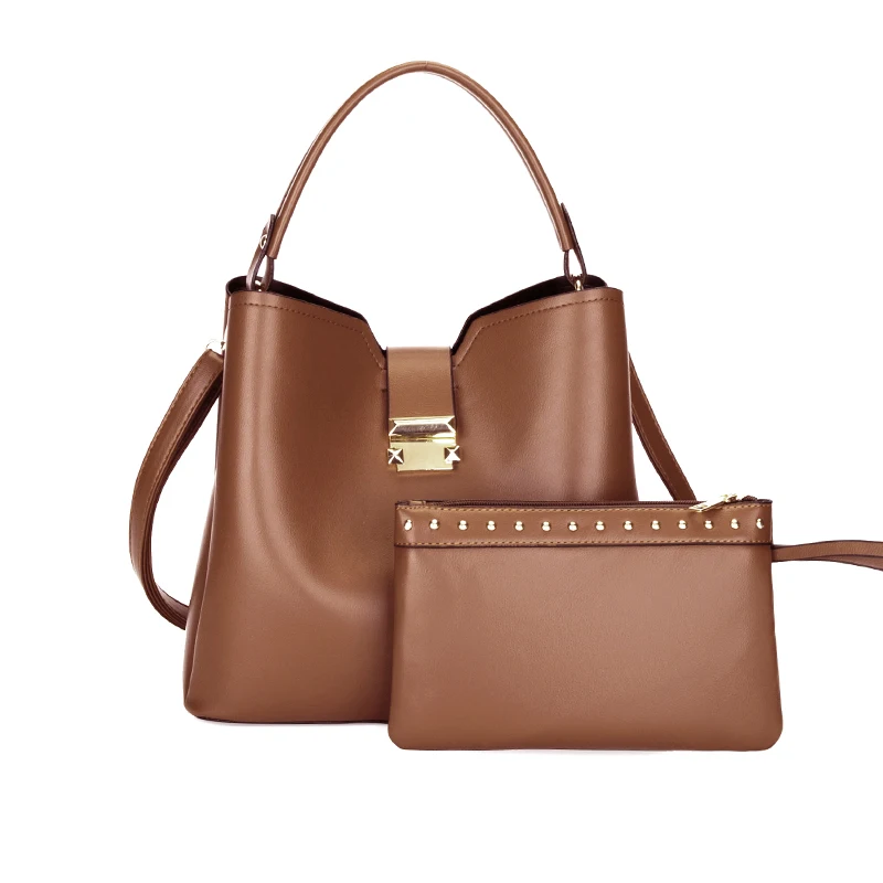 

High Quality Solid soft Leather Large Capacity 2 Piece Women's Shoulder Messenger Bucket Bag Luxury Designer Handbag Purse