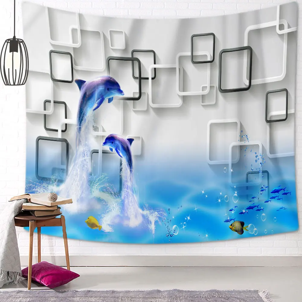 

3D Dolphin Background Underwater Rorld Tapestry Wall Hanging Tapestries Wall Rugs Dorm Decor Blanket