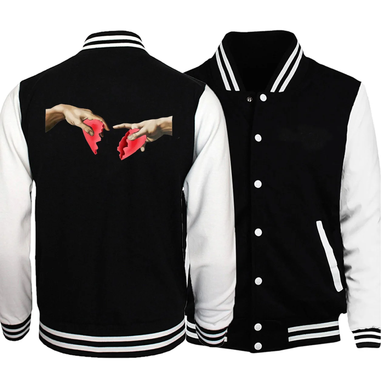 

Michelangelo Heart Break Vintage Print Baseball Jackets 2019 Autumn Winter Men Casual Warm Men Casual Hoodies Men Sportswear