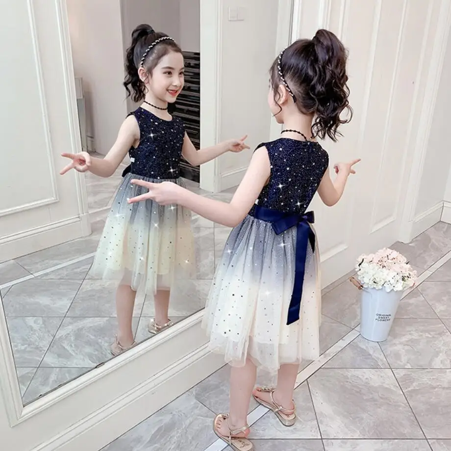 Одежда для детей платье 2021 летние Новый стиль градиент Сетчатое с блестками