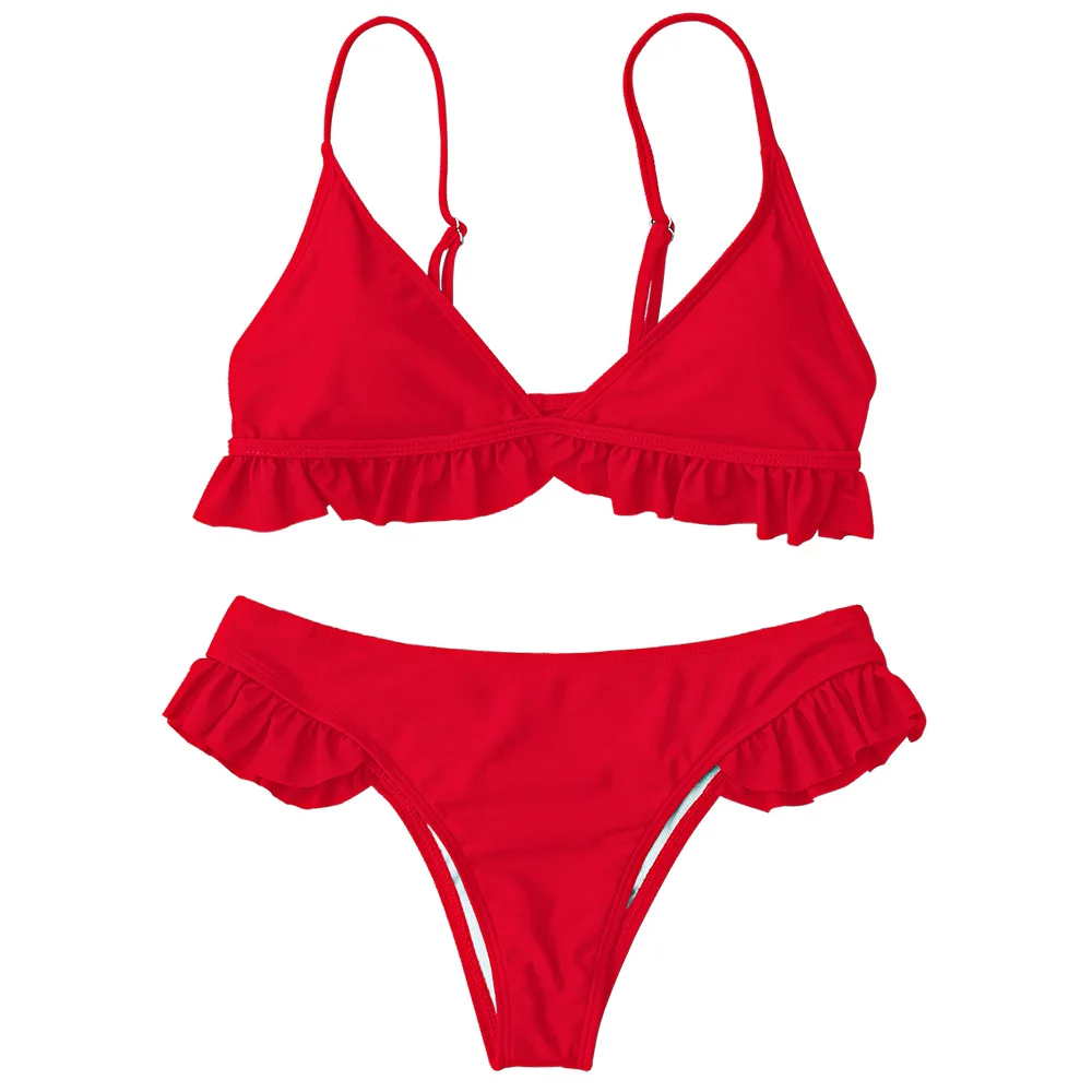 Bright Red ZAFUL Женские бикини с оборками и оборками Мягкие бикини-лягушки с эластичным купальником с низкой талией Пуловеры Твердый купальный костюм - Цвет: Bright Red