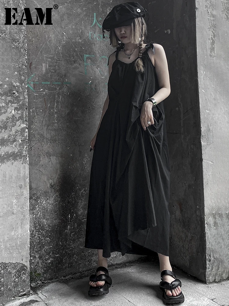 

Женское асимметричное длинное платье EAM, черное Свободное платье с v-образным вырезом без рукавов, весна-лето 2022, 1DE1223