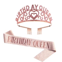 women silver crystal crown set girls pink gold birthday queen sash anniversary party princess tiara kid glitter scarf decoration