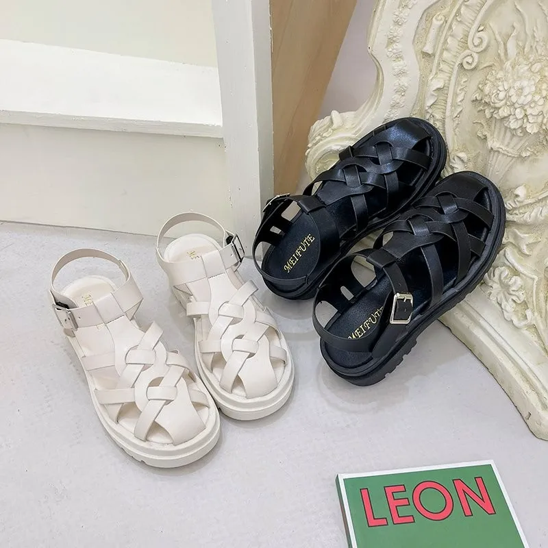 

2021 New Thick Bottom Button Band Woven Sandals For Women's Summer Fashion Comfortable Flat Bottom Net Red Tide Korean Summer Fa