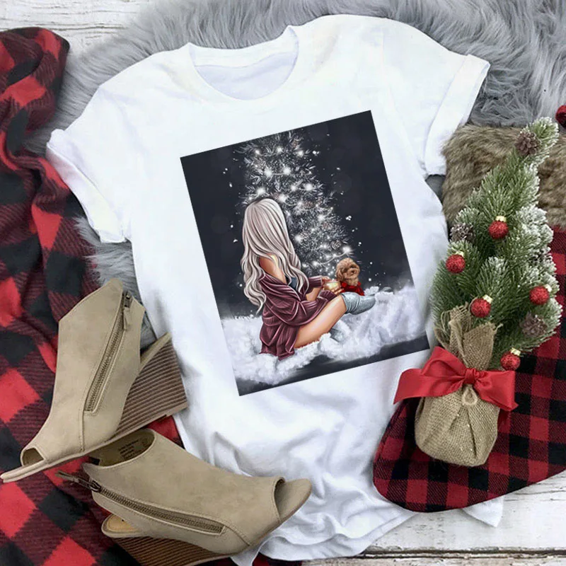 

Women T-Shirt Santa Claus and Cute Reindeer Merry Christmas Clothes Female T-Shirts Harajuku Short Sleeve Ladies Clothing Tops