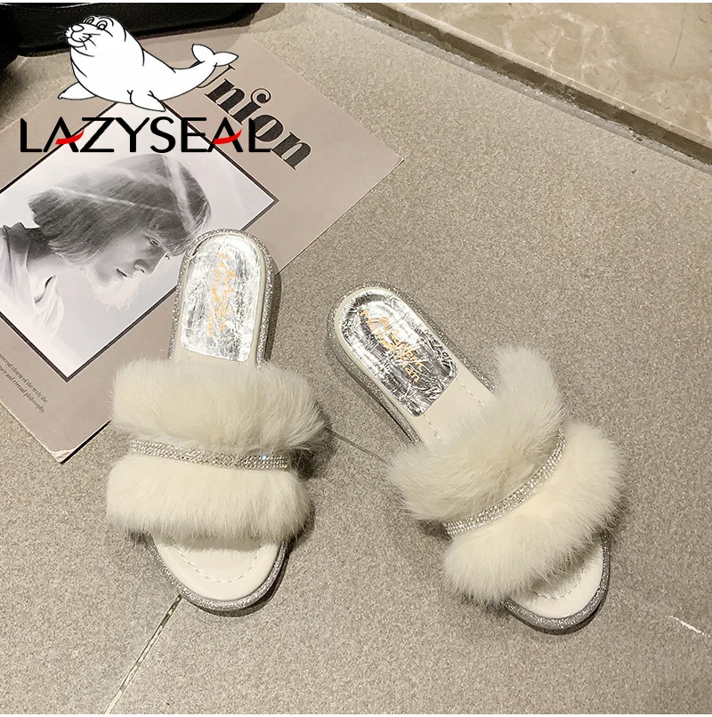 LazySeal/шикарная обувь; женские тапочки на натуральном меху; теплые пушистые тапочки на плоской подошве; женские сандалии со стразами; женские шлепанцы; вьетнамки
