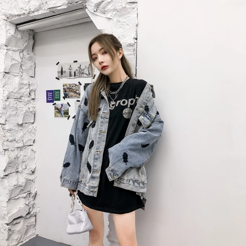 

Feather embroidered denim jacket Korean style loose all-match top