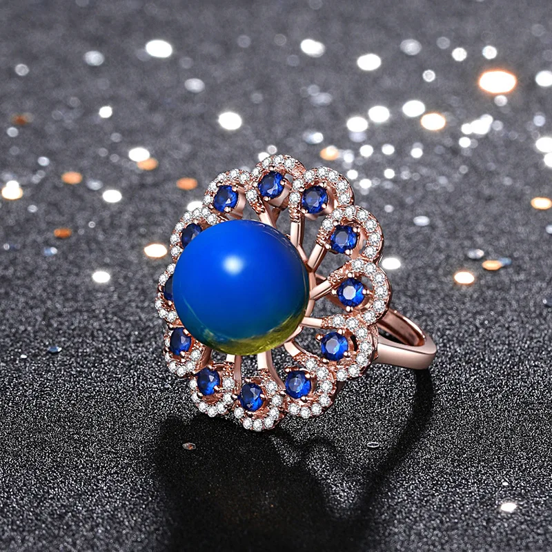 Blue Amber Bead Ring Amulet Women Zircon Fashion 925 Silver Natural Charm Jewelry Crystal Gift Gemstone
