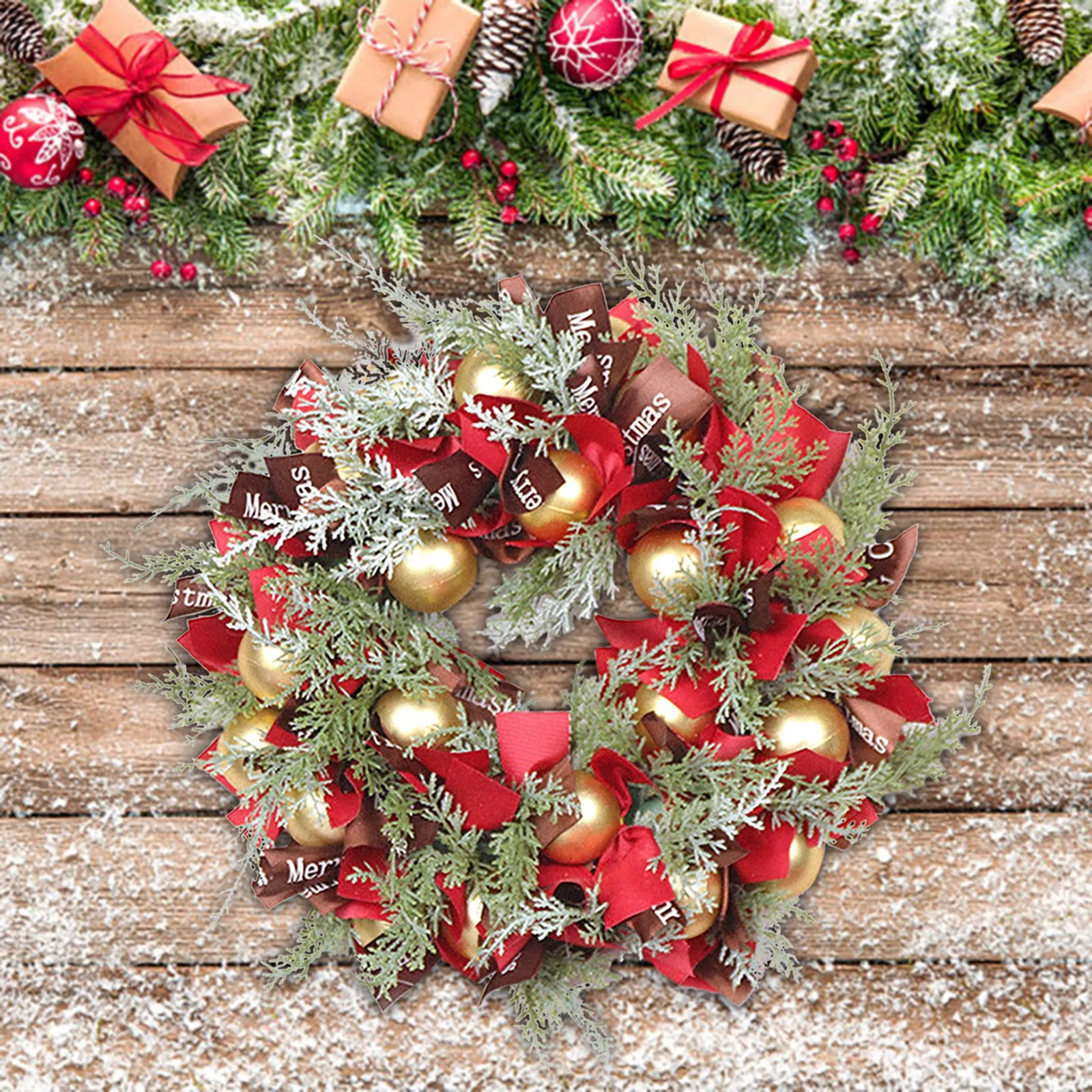 

Christmas Wreaths Xms Hanging Garland With Red Ribbon Ribbon Bow 2022 New Year Red And Gold Ball For Door Wreaths Ornaments #4