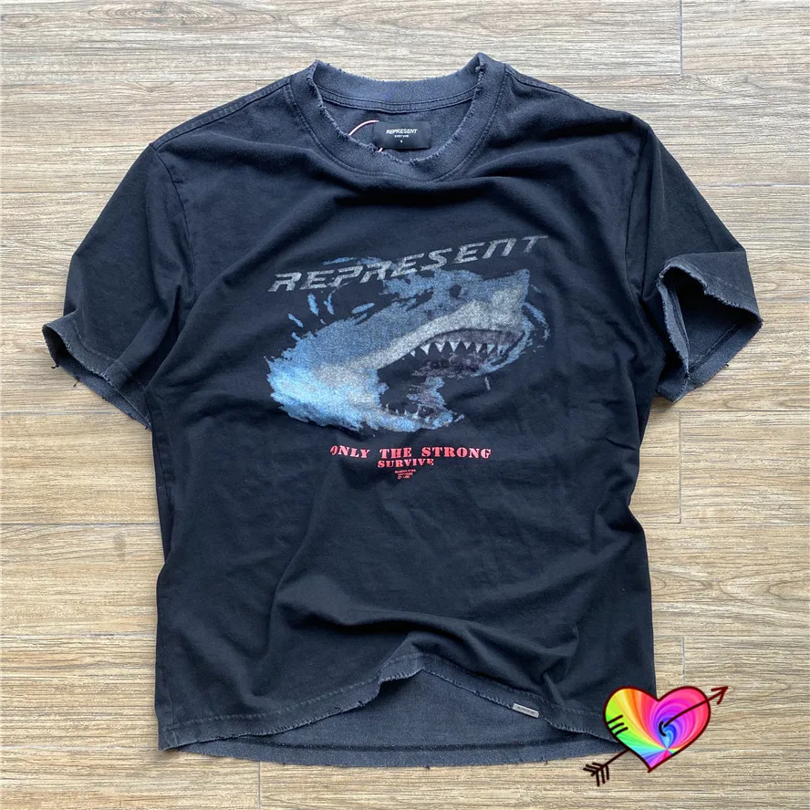 

Broken Collar Represent Only The Strong Survive T Shirt Men Women 1:1 High Quality Shark Graphic Represent Tee Vintage Wash Tops
