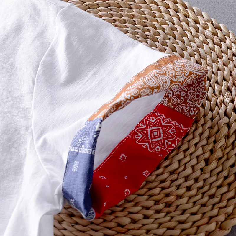 Футболка мужская с круглым вырезом льняная и хлопковая строчка брендовая белая